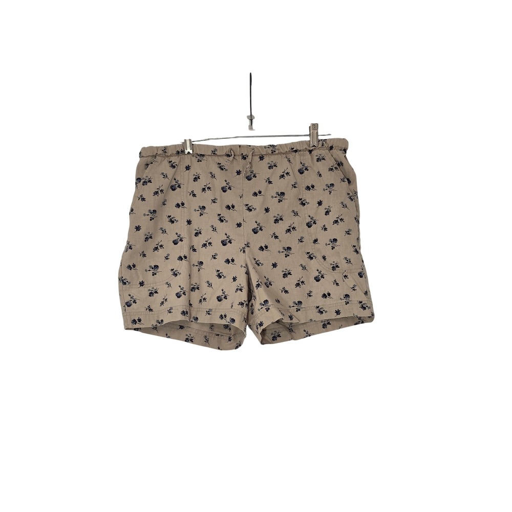 Basic Editions Floral Linen Blend Shorts Beige Blue Elastic Waist Womens Medium